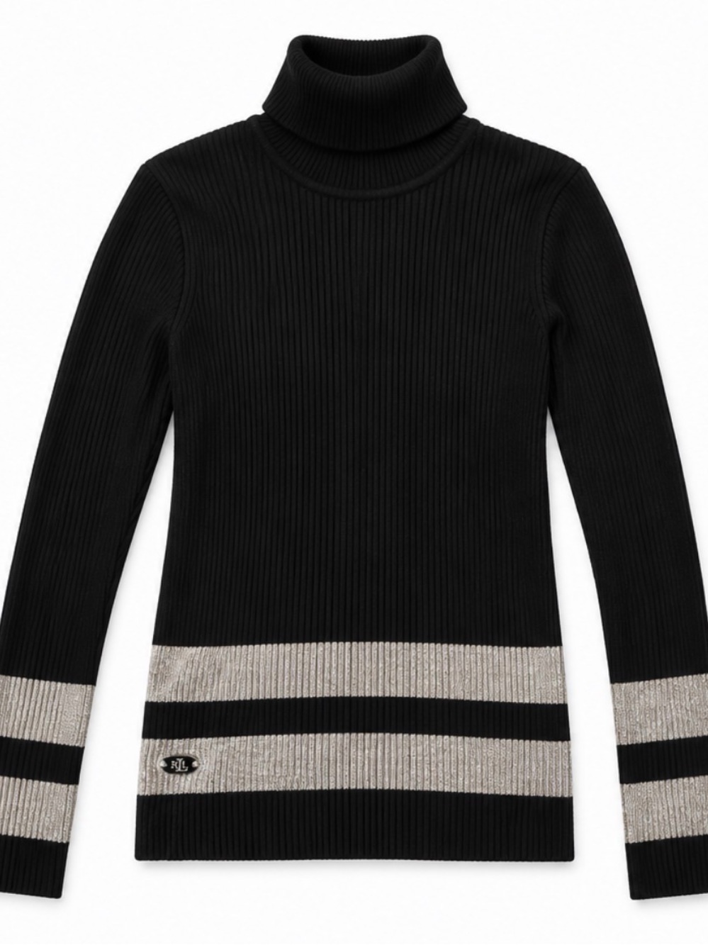 Polo by Ralph Lauren Black Ribbed Turtleneck Sweater with Metallic Cream Stripes